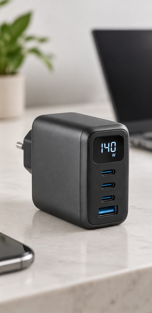 Compact 140W multi-port charger with display