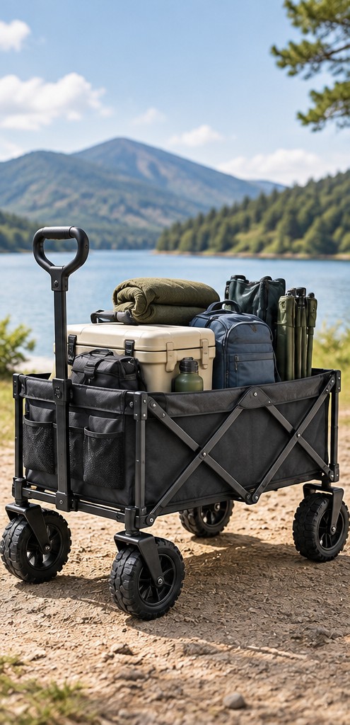 Folding utility wagon carrying outdoor gear