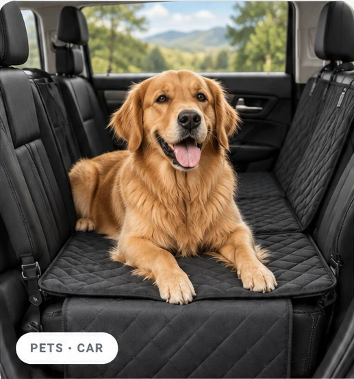 Dog standing on a back-seat extender platform in a car